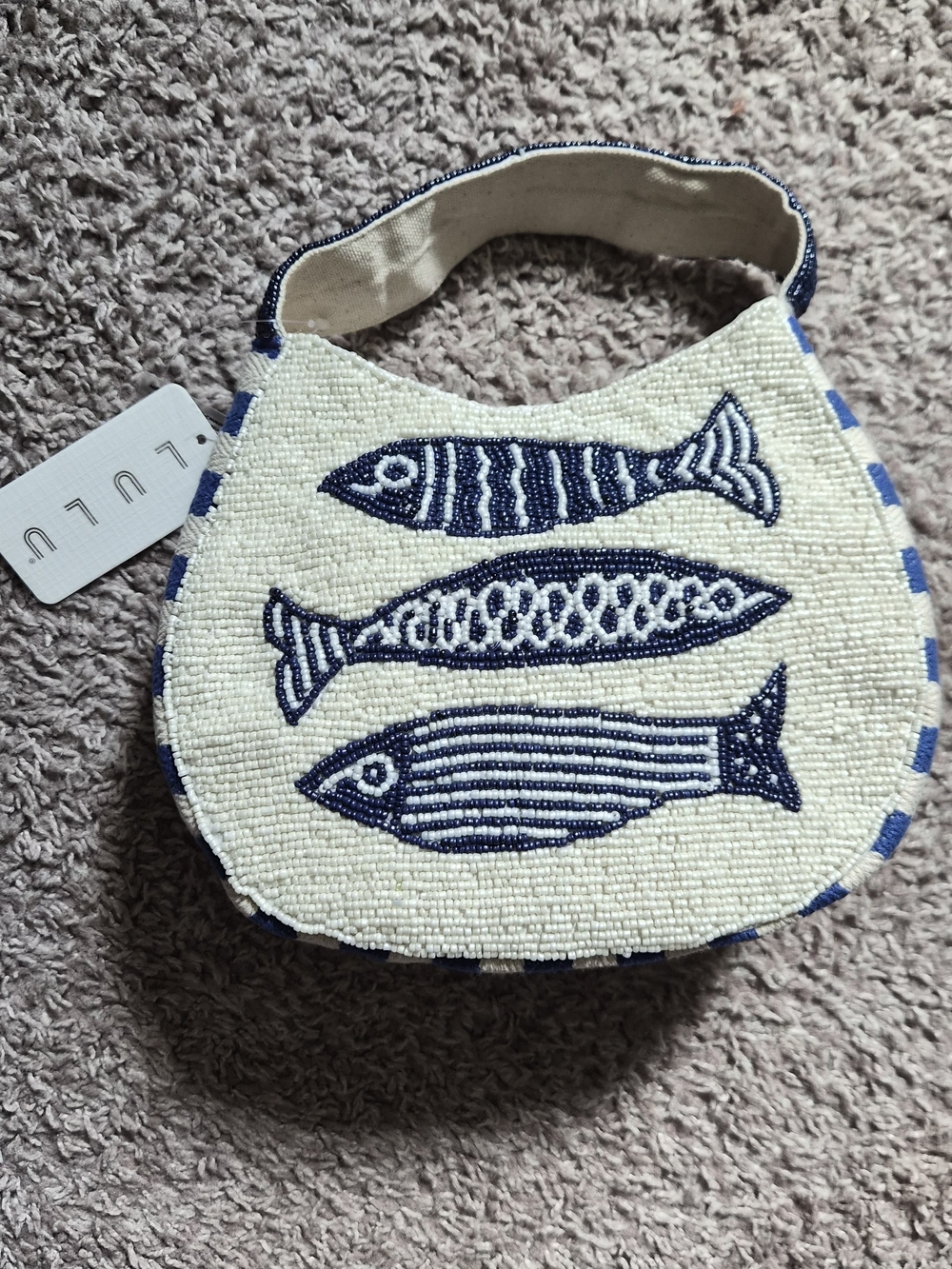 Beaded Fish Motif Mini Tote in Navy and Cream